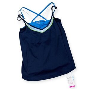 NEW Lucky In Love Bralette Cami Women's Small Navy Blue Triple Strap Athletic